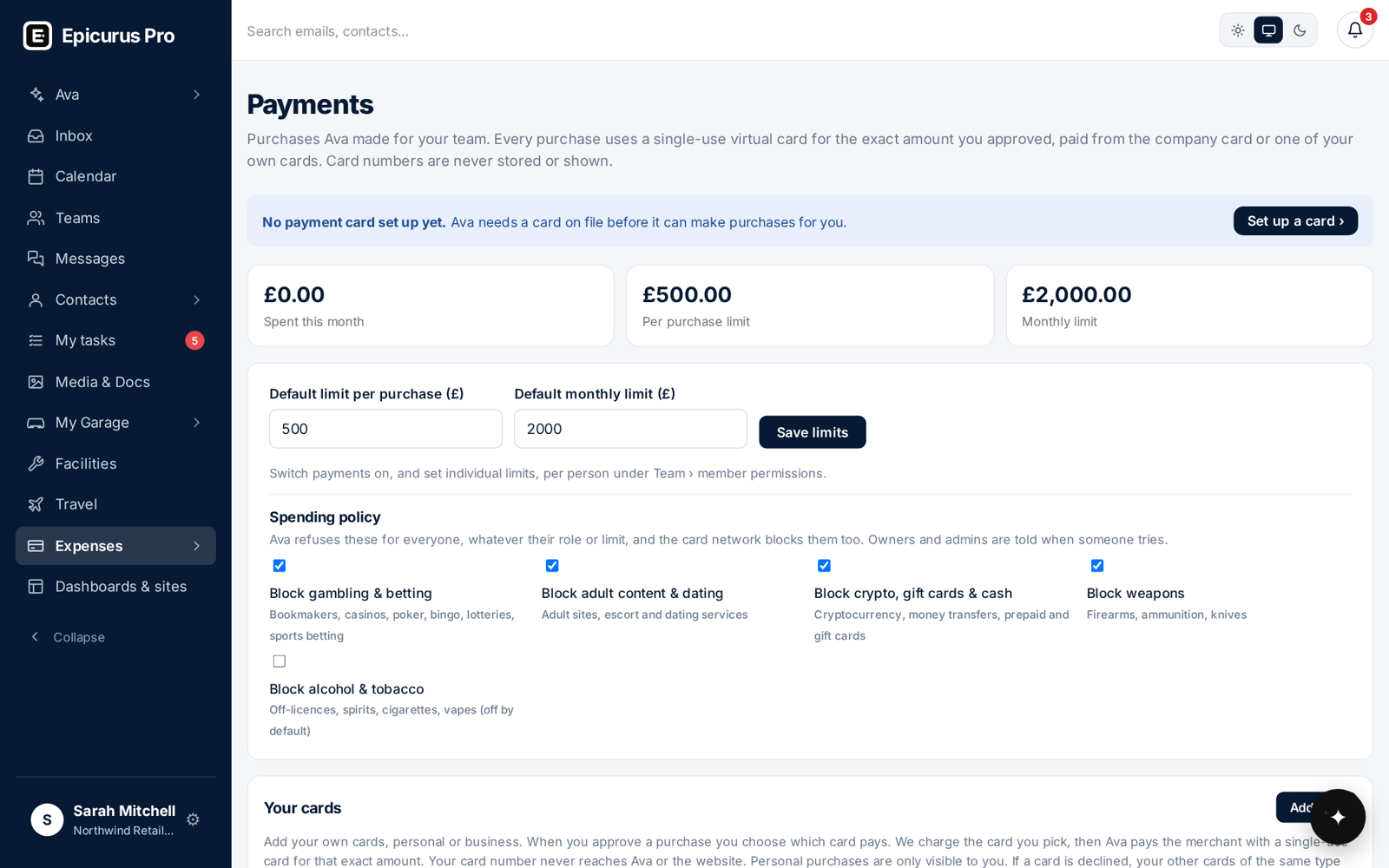 Agent payments in Epicurus Pro