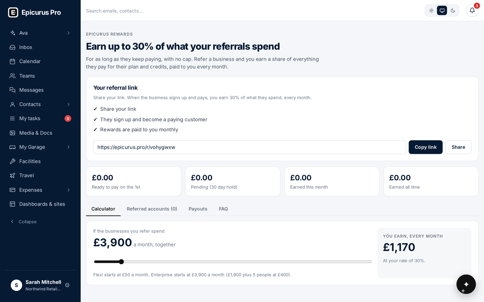 Rewards and referrals in Epicurus Pro