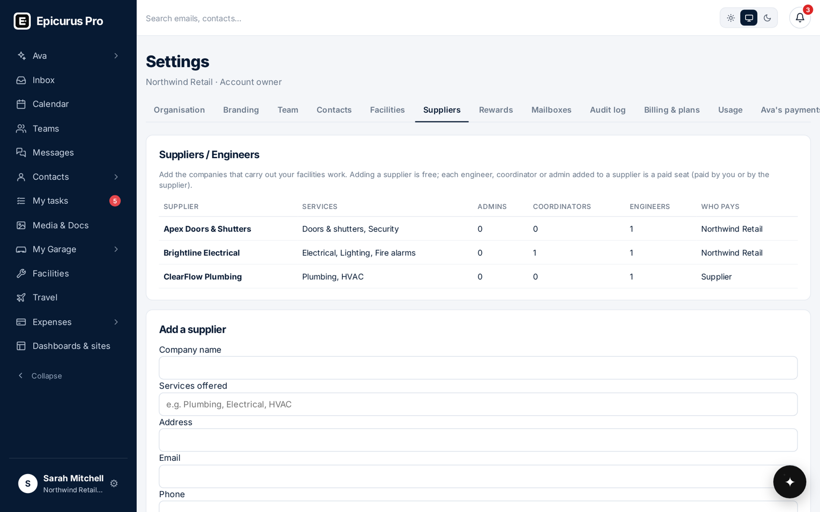 Suppliers and contractors in Epicurus Pro